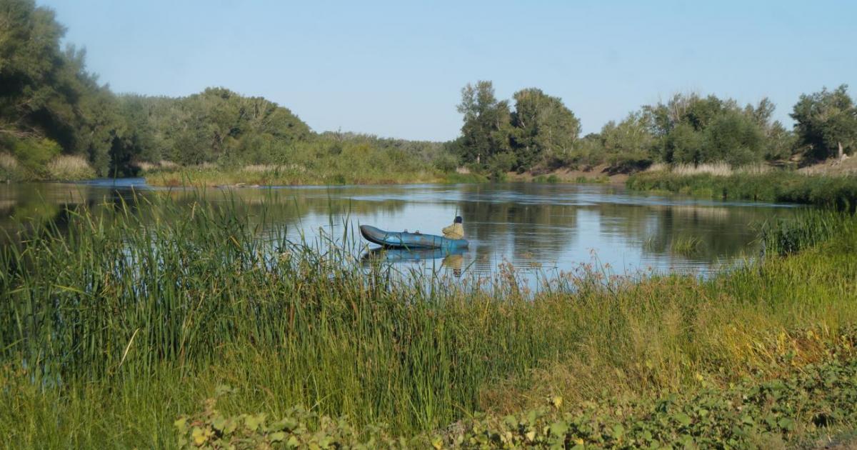 Рыболов с лодки наблюдает за кружком